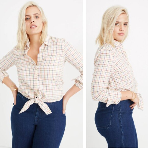 NEW Madewell Tie-Front Shirt Rainbow Plaid Button Front Preppy Academia Neutral - Picture 1 of 8